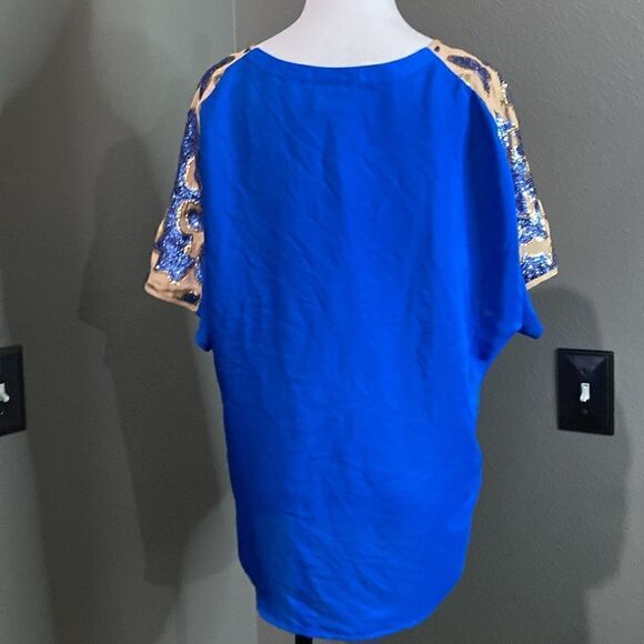 Tracy Reese Blouse Neiman Marcus Target Sequin Top Royal Blue Beige Tan New - Picture 9 of 10